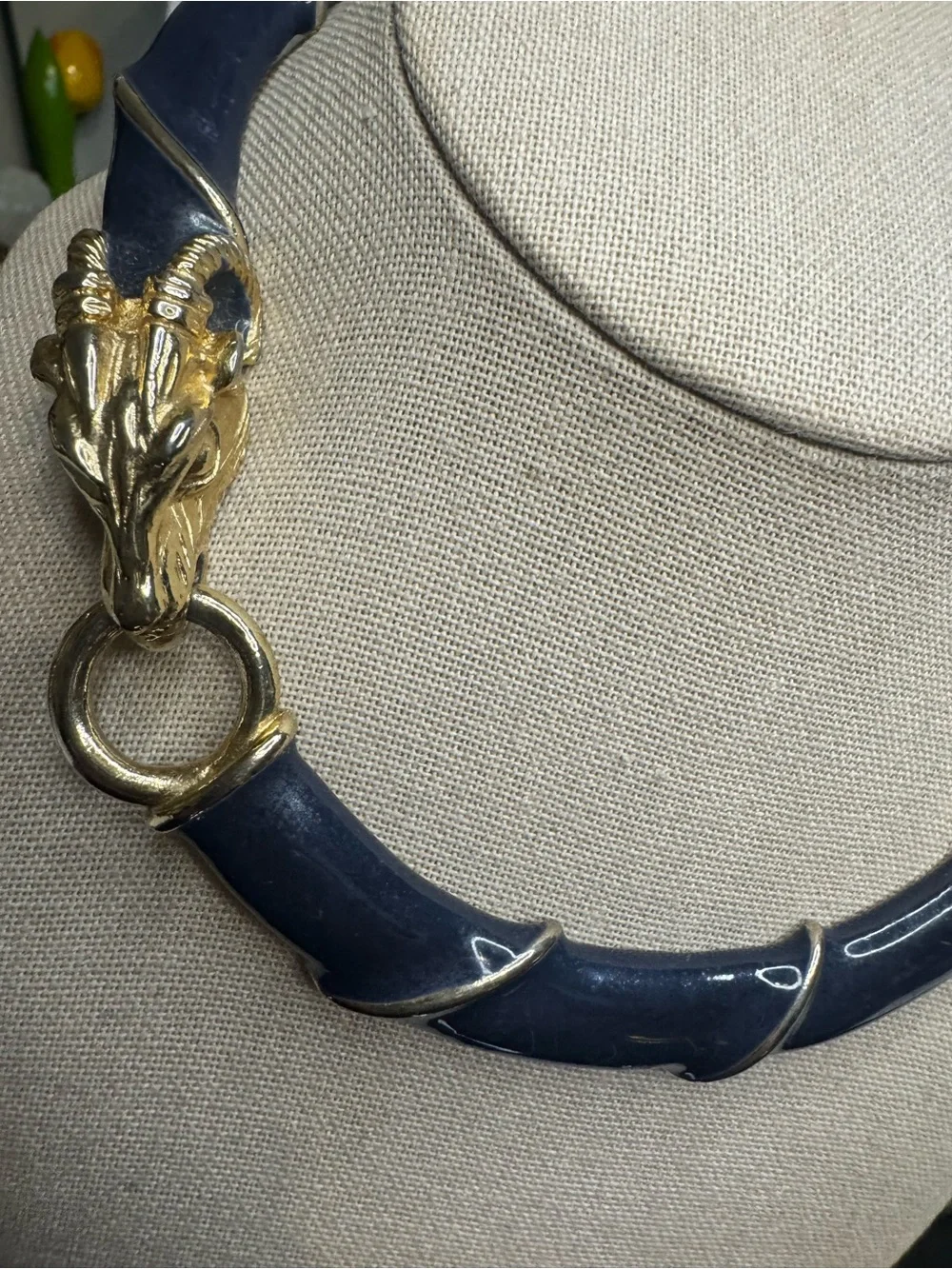 Donald Stannard Ram Head Statement Necklace – Navy Enamel & Gold-Tone